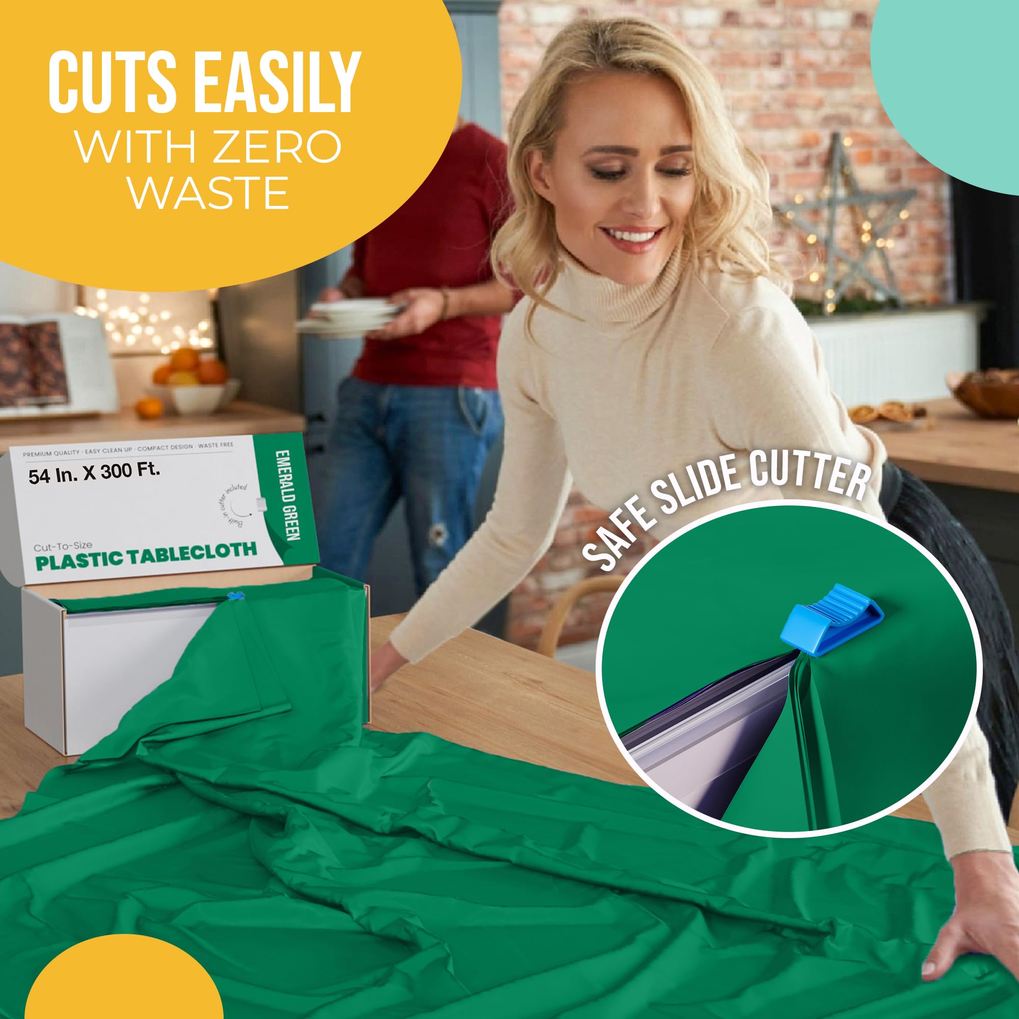 Party Solids nappe émeraude couvrant une table 8 pieds, look festif