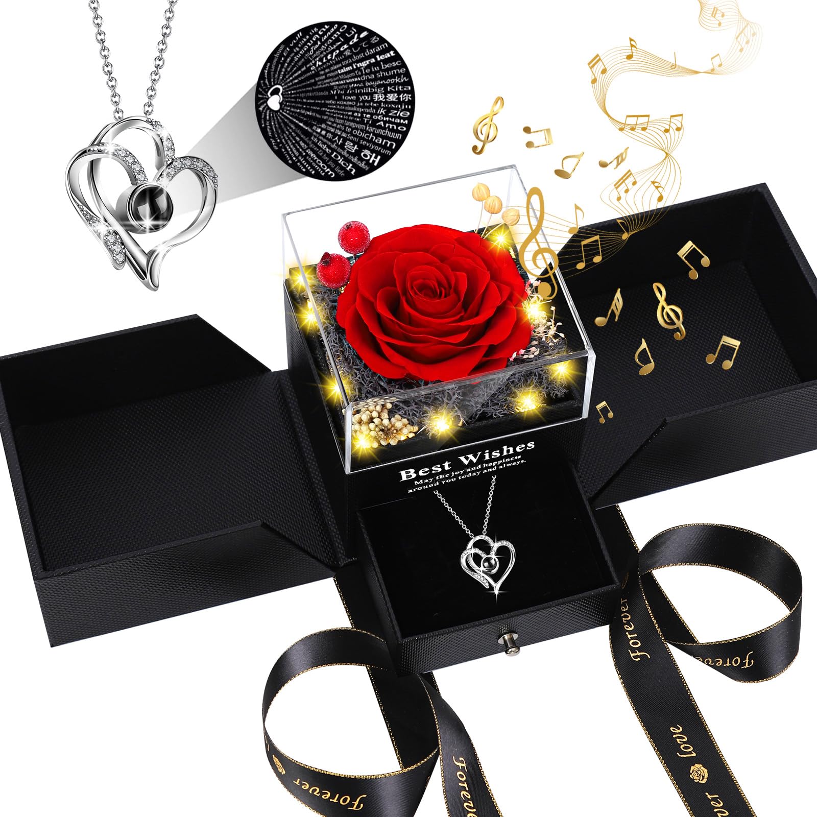 Pasuvsigt coffret face montrant la rose et le collier pour un cadeau prêt à offrir