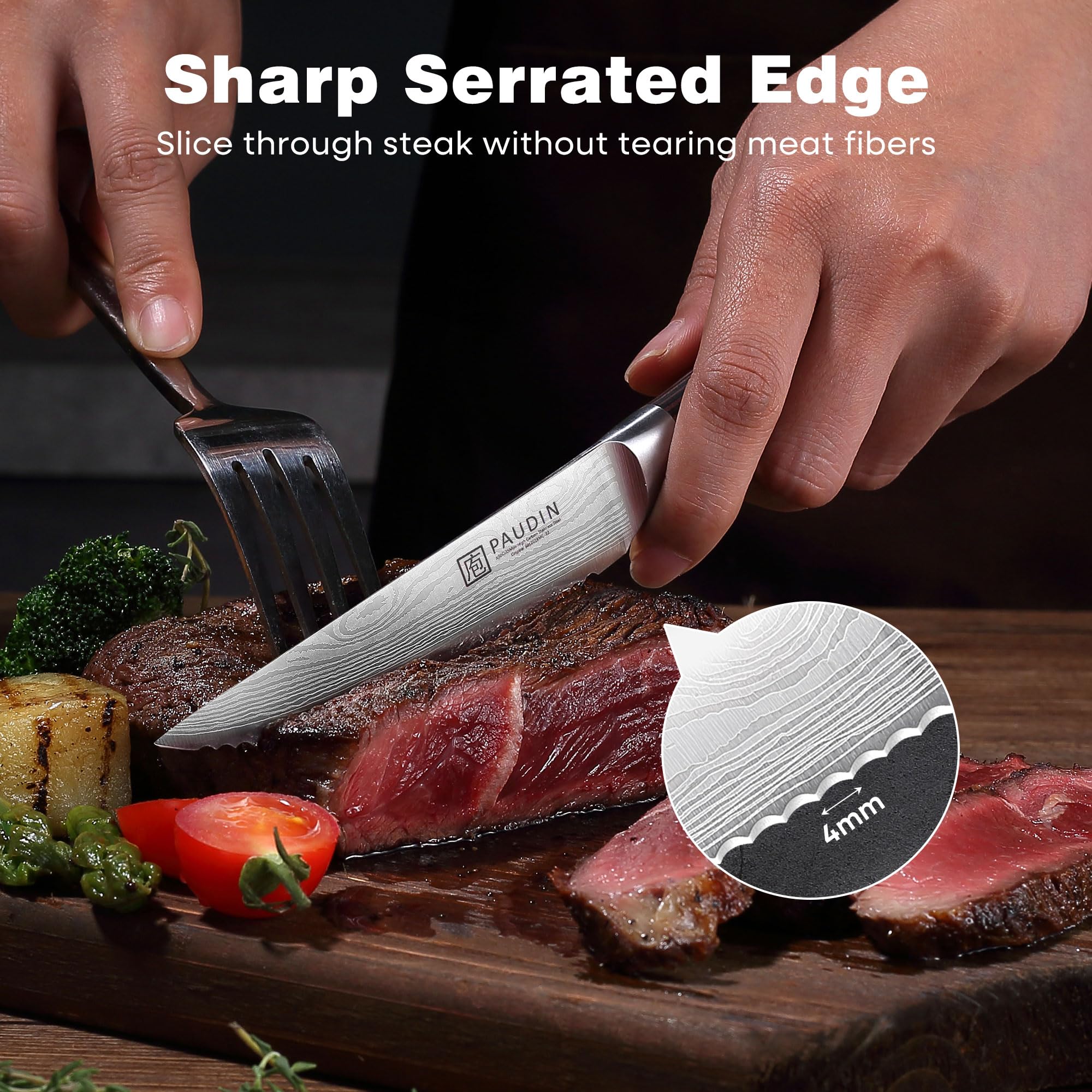 PAUDIN couteaux en usage sur une table découpant un steak aisément