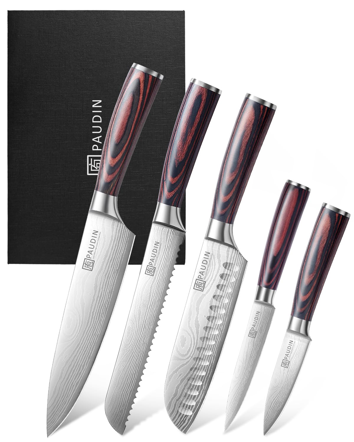 PAUDIN ensemble de couteaux 5pcs posé sur plan de travail montrant l'ensemble complet et gain de place