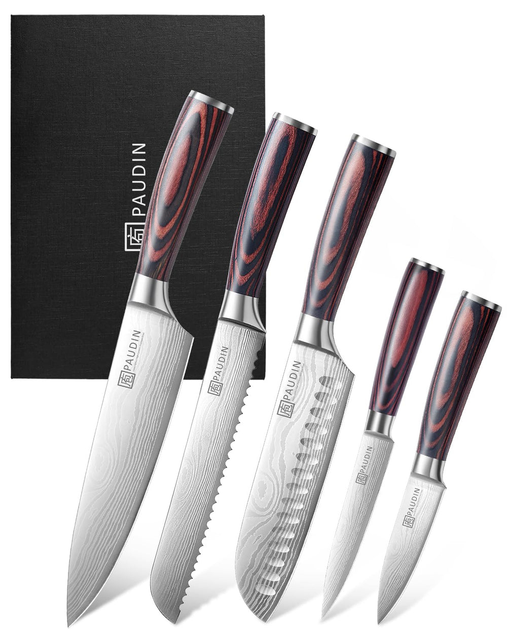 PAUDIN ensemble de couteaux 5pcs posé sur plan de travail montrant l'ensemble complet et gain de place
