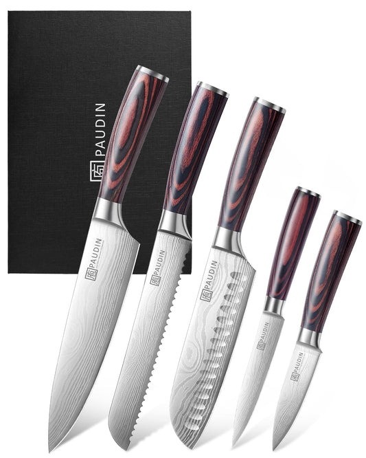 PAUDIN ensemble de couteaux 5pcs posé sur plan de travail montrant l'ensemble complet et gain de place