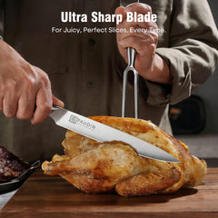 PAUDIN fourche gros plan montrant pointes robustes pour stabiliser la viande