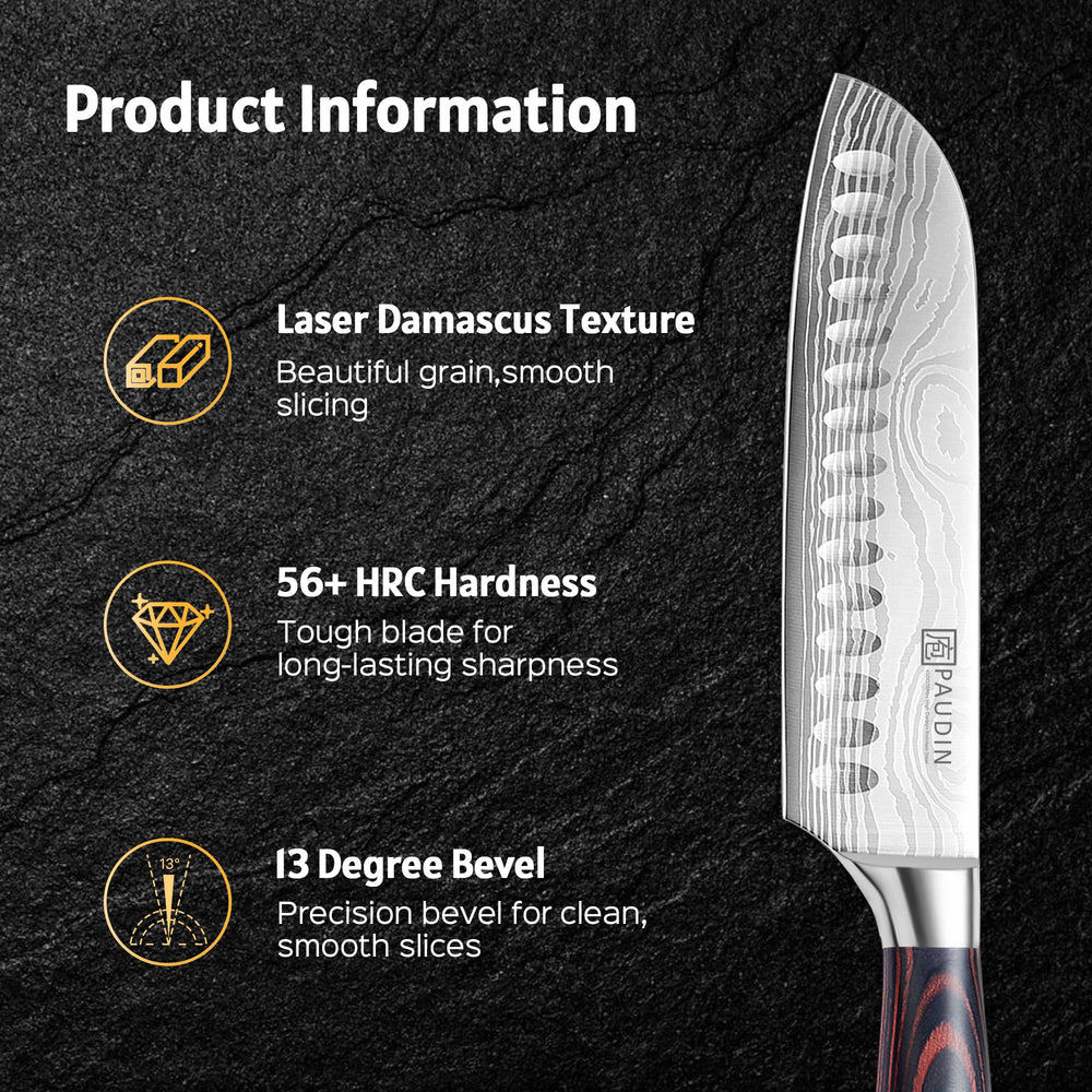PAUDIN couteau Santoku entier posé sur planche pour visuel d'utilisation