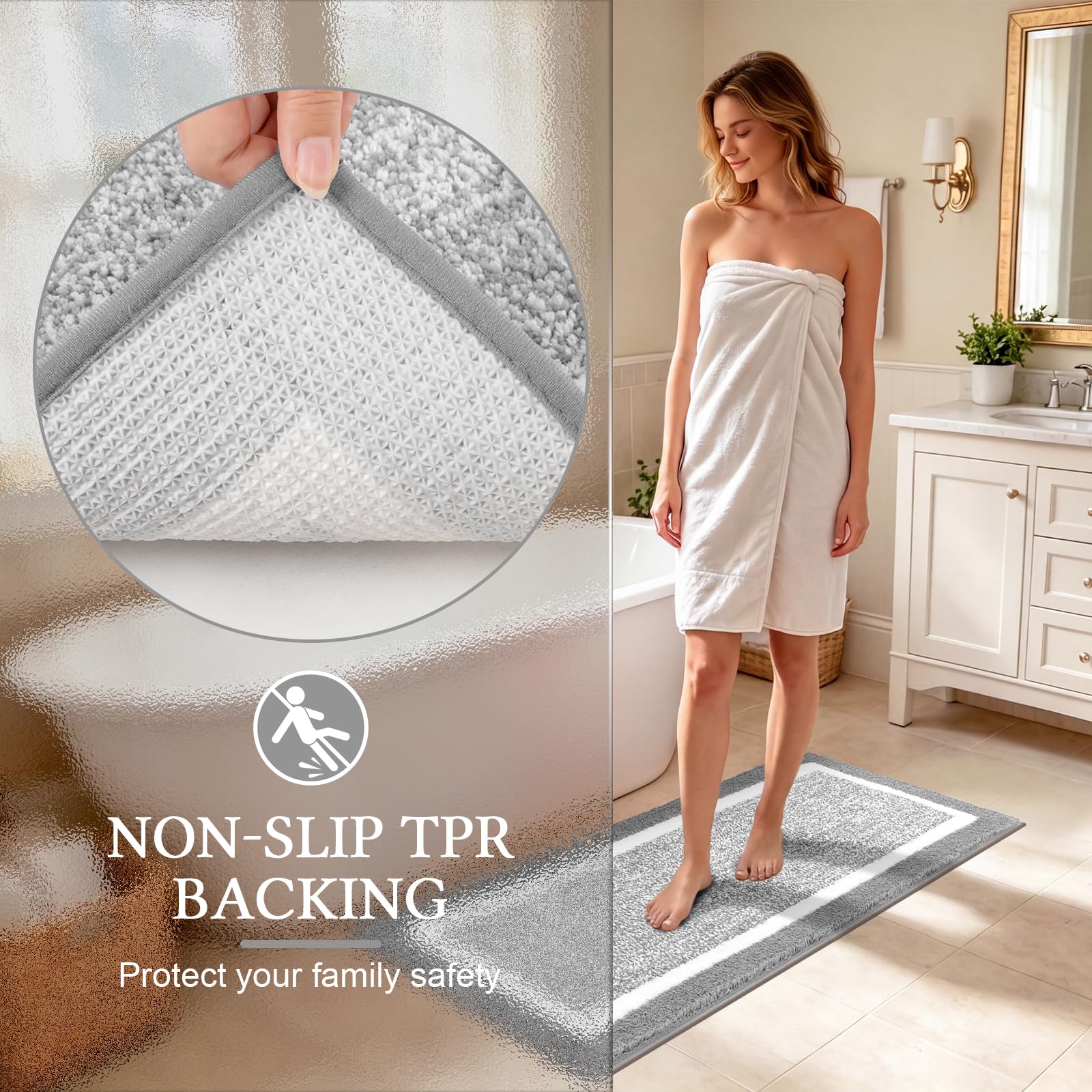 Pauwer tapis près d'une baignoire protégeant le sol et séchant vite