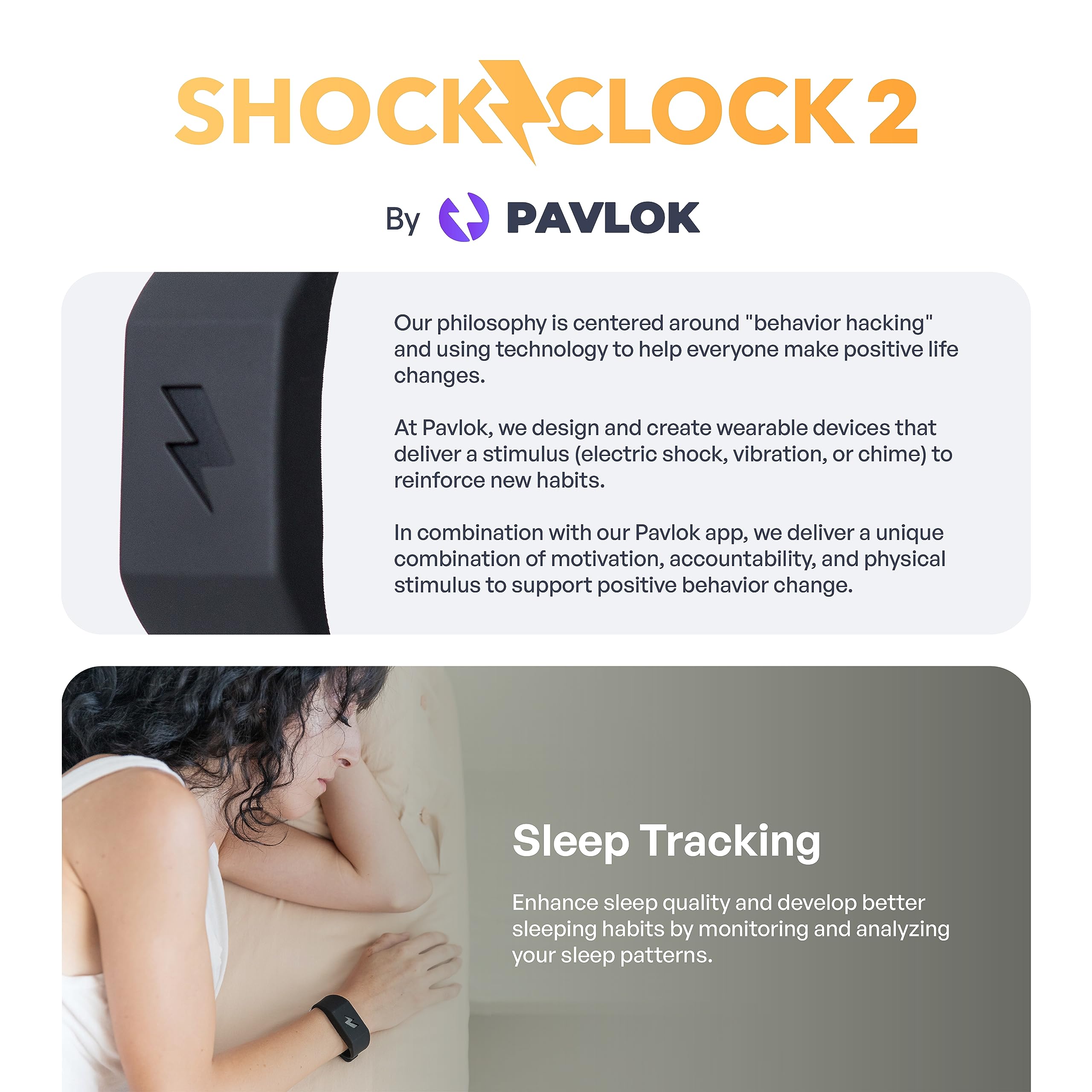 Pavlok écran d'application affichant réglages d'alarme et suivi de sommeil
