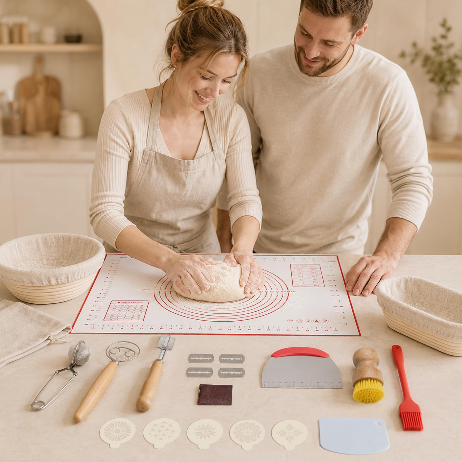 PeacePeo scène d'utilisation familiale en cuisine illustrant atelier pain entre adultes et enfants
