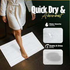 Pearl Linens posé après douche montrant absorption rapide des pieds