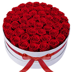 Perfectione Roses écrin velours ouvert montrant 50 roses, cadeau élégant