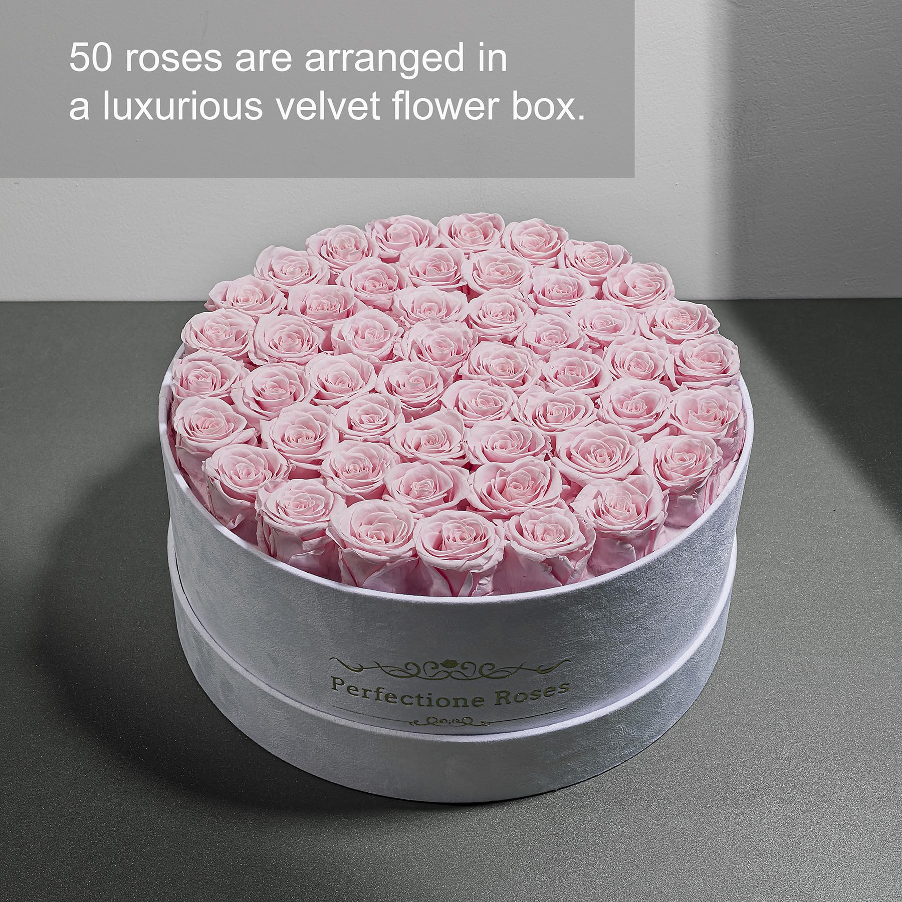 Perfectione Roses profil des roses arrangées dans la boîte, présentation soignée