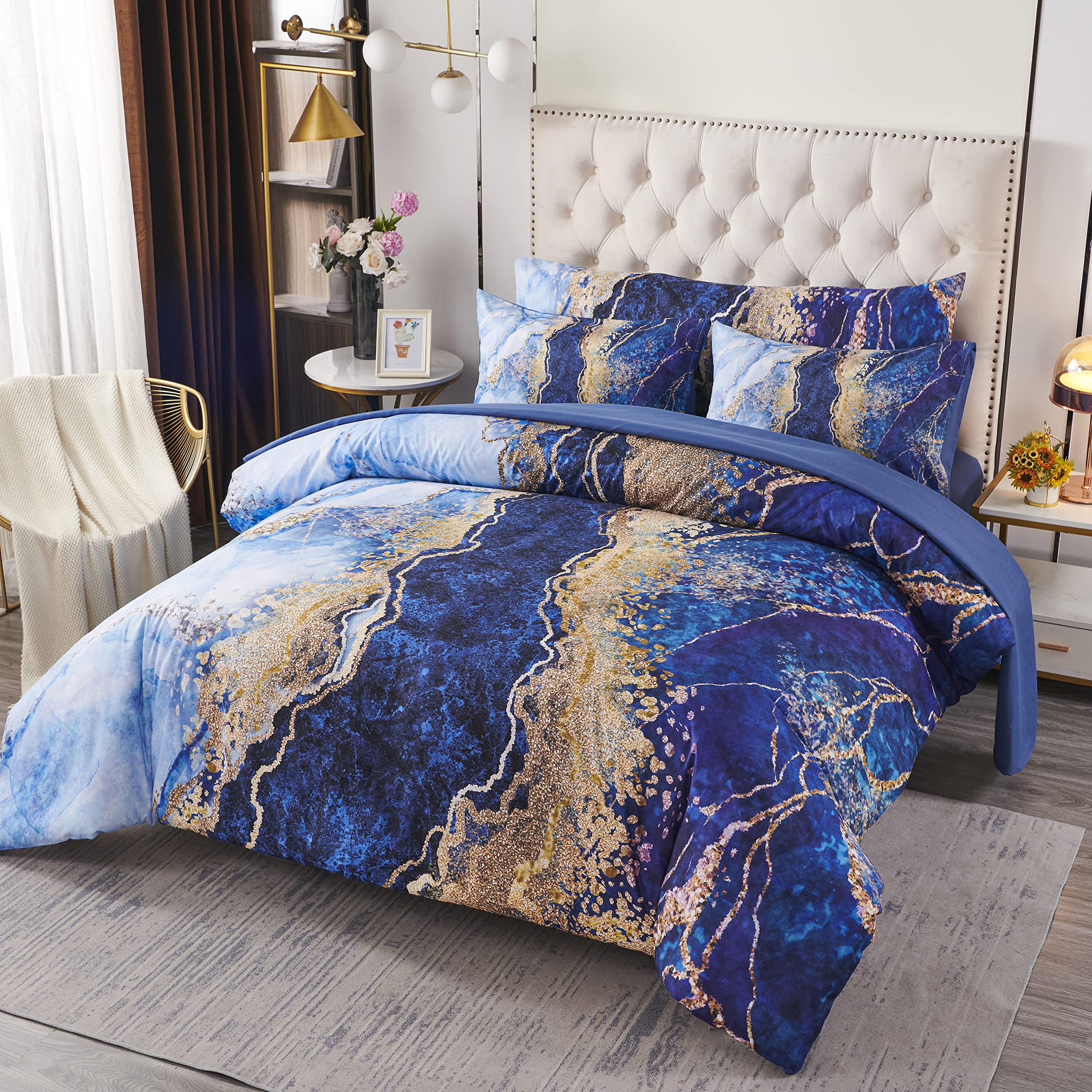 PERFEMET couette imprimée marbré bleu montrant design apaisant