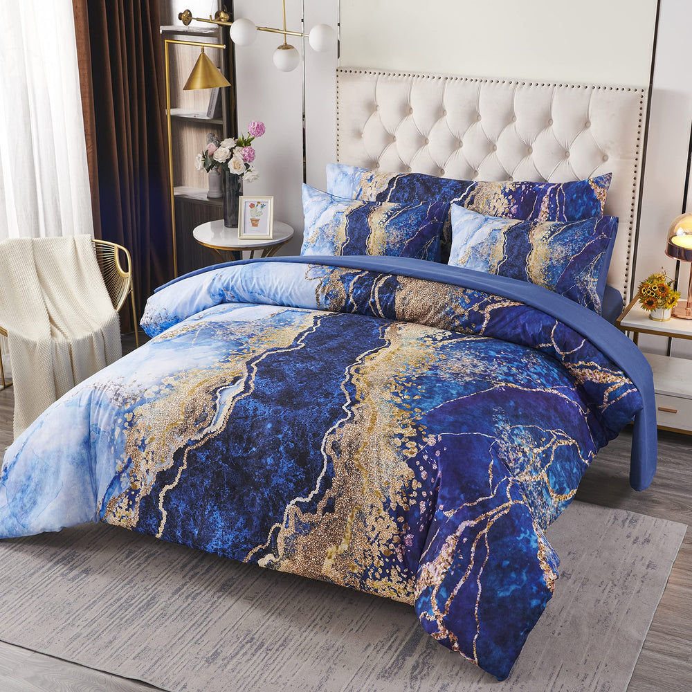PERFEMET couette imprimée marbré bleu montrant design apaisant