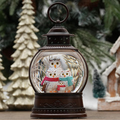 PestiLite vue frontale de la boule à neige hiboux illuminée, décoration chaleureuse
