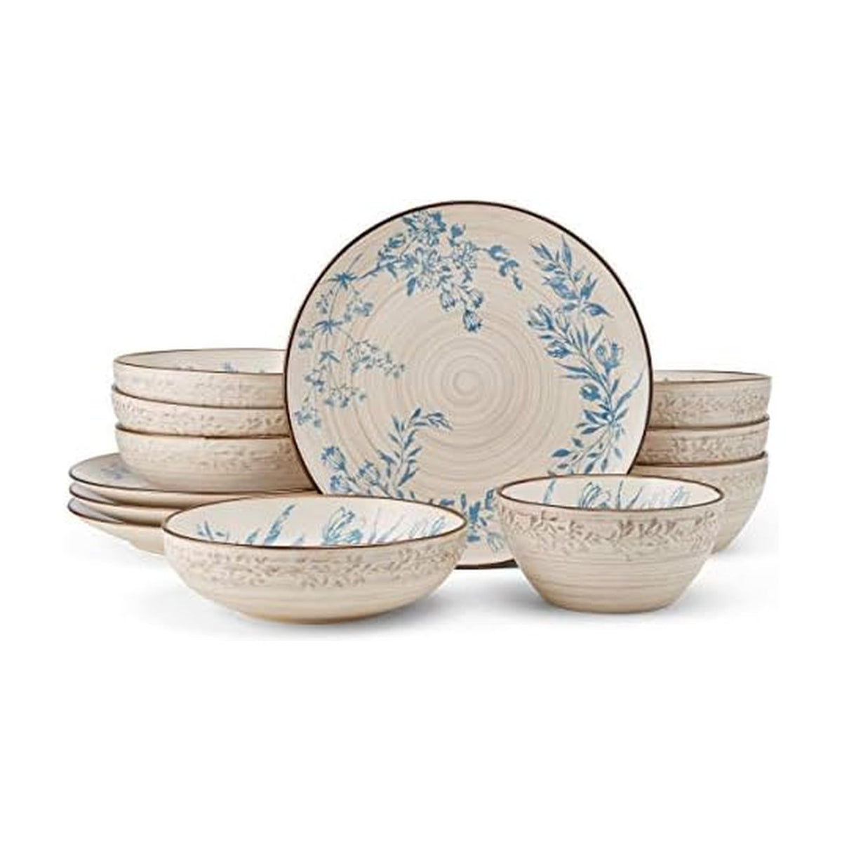 Pfaltzgraff Bella ensemble face montrant motif bleu et utilité quotidienne