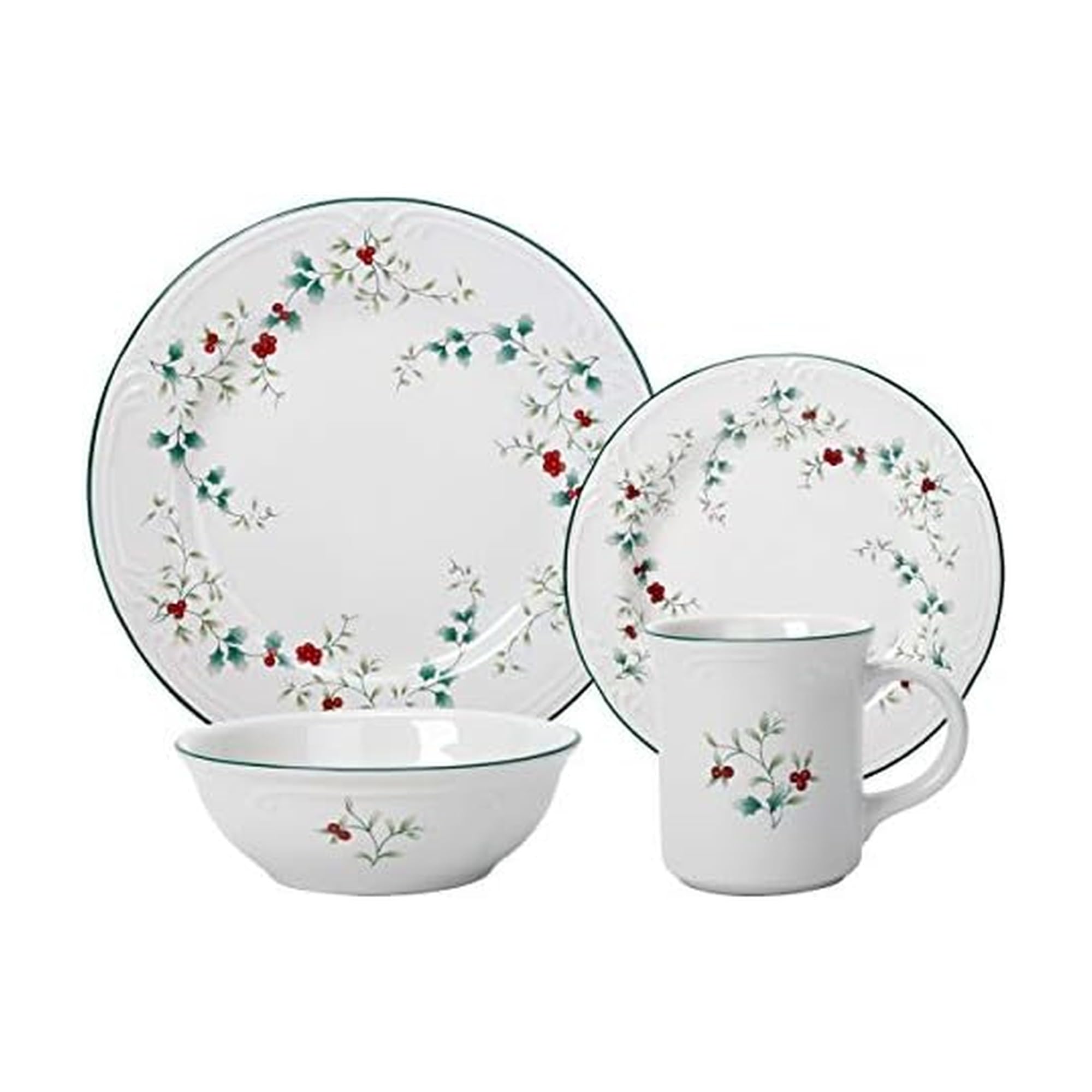 Pfaltzgraff assiette face avant montrant motif houx et liseré vert, esthétique élégante