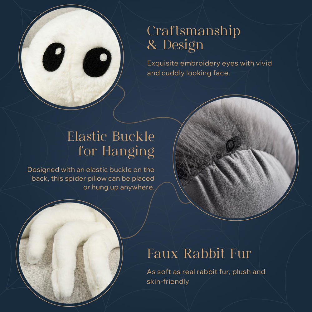 Phantoscope coussin araignée montré à côté d’un livre pour l’échelle, taille 22x16 pouces pratique