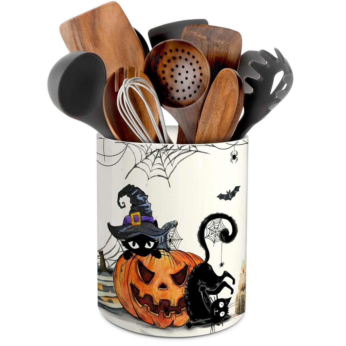 pinata vue avant du support ustensiles chat Halloween, rangement festif visible