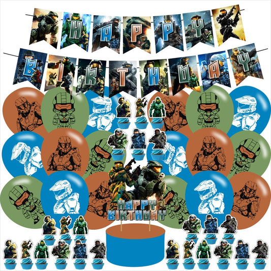 PINUO emballage avant du kit Chieftain Game montrant bannière, cake topper et ballons prêts à décorer