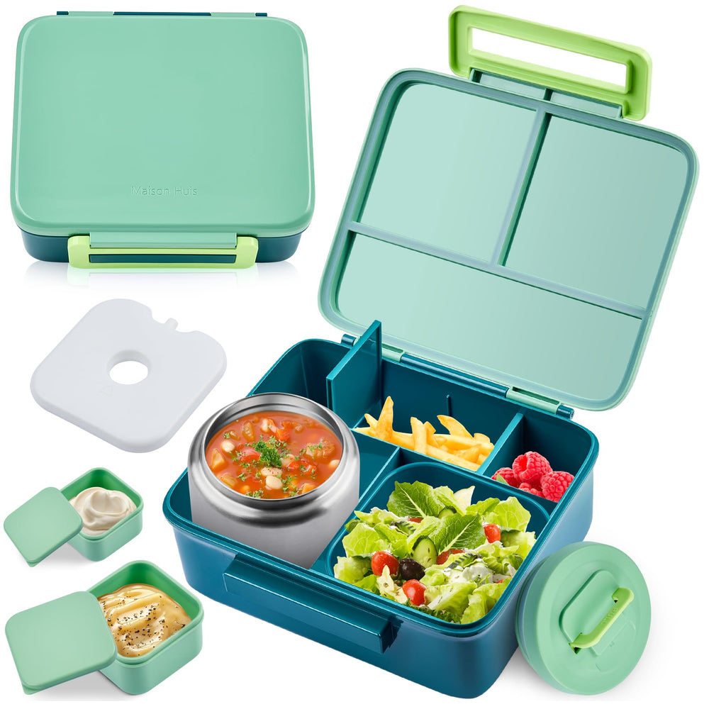 PIQUEBAR vue de devant de la boîte bento verte montrant le design étanche et la fermeture facile