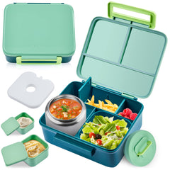 PIQUEBAR vue de devant de la boîte bento verte montrant le design étanche et la fermeture facile