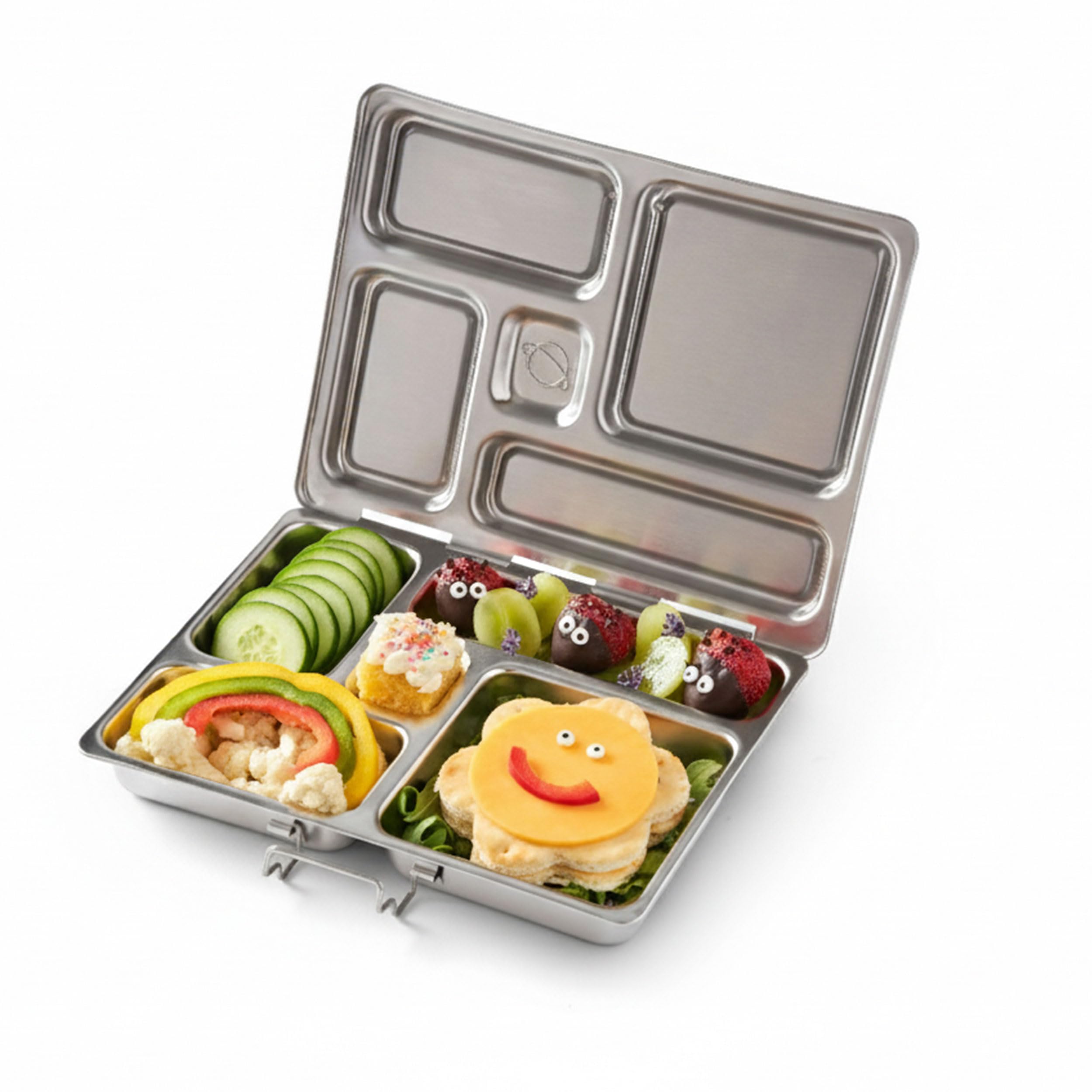 PlanetBox Rover vue face ouverte montrant cinq compartiments organisés pour variété