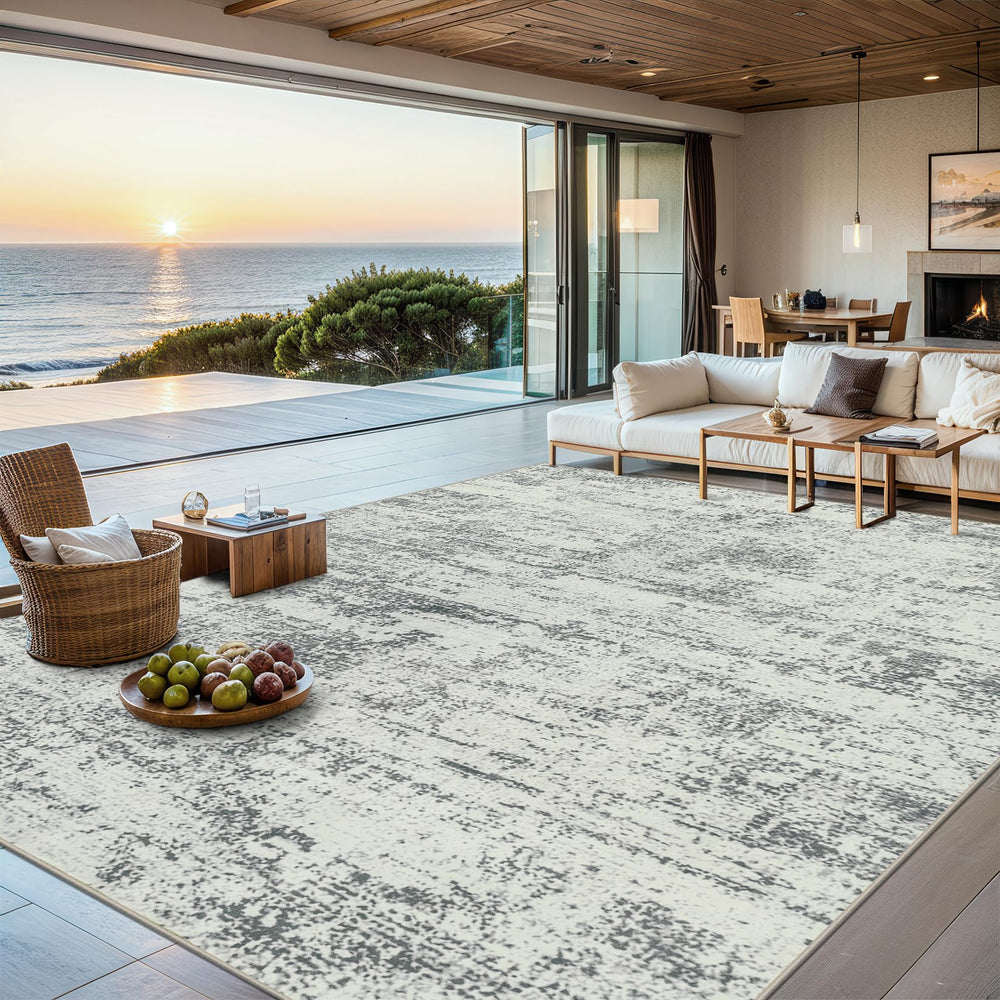 PLHXFR tapis 5x7 posé complet montrant design abstrait, apporte style contemporain