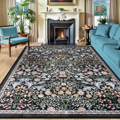 PLHXFR vue avant du tapis 8x10 noir floral, apporte chaleur décorative