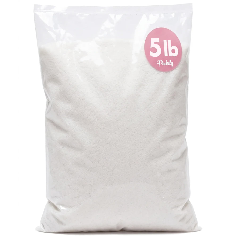 Podzly emballage face montrant sac blanc et quantité 5 lb pour recharges pratiques