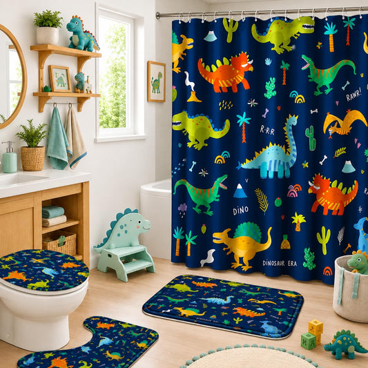 Poedist rideau de douche face avant affichant motif dinosaure, ajoute protection et style