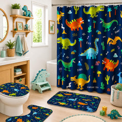Poedist rideau de douche face avant affichant motif dinosaure, ajoute protection et style