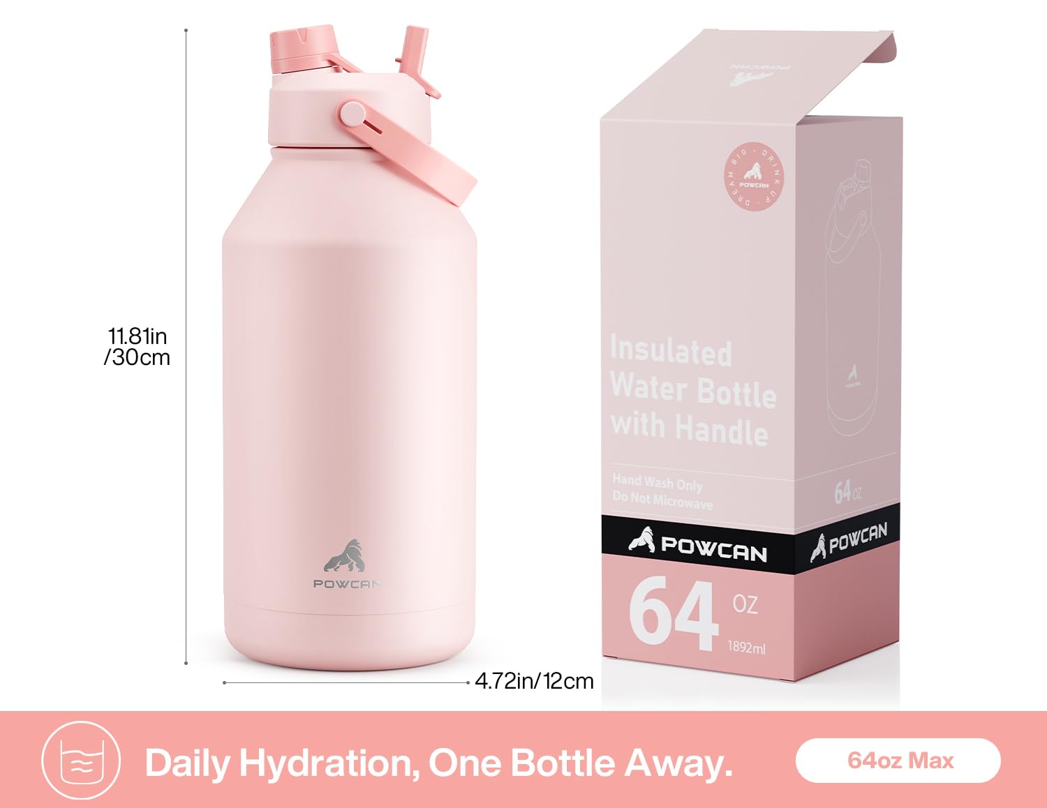 POWCAN comparaison taille avec canne montrant capacité 64 oz visible