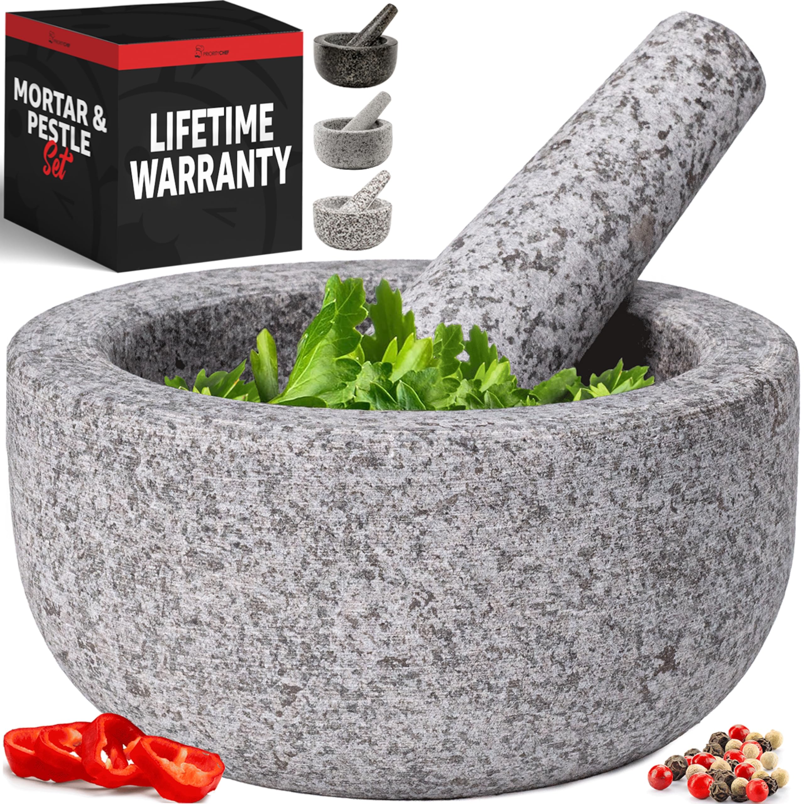 Priority Chef vue avant du mortier en granite, stabilité et style