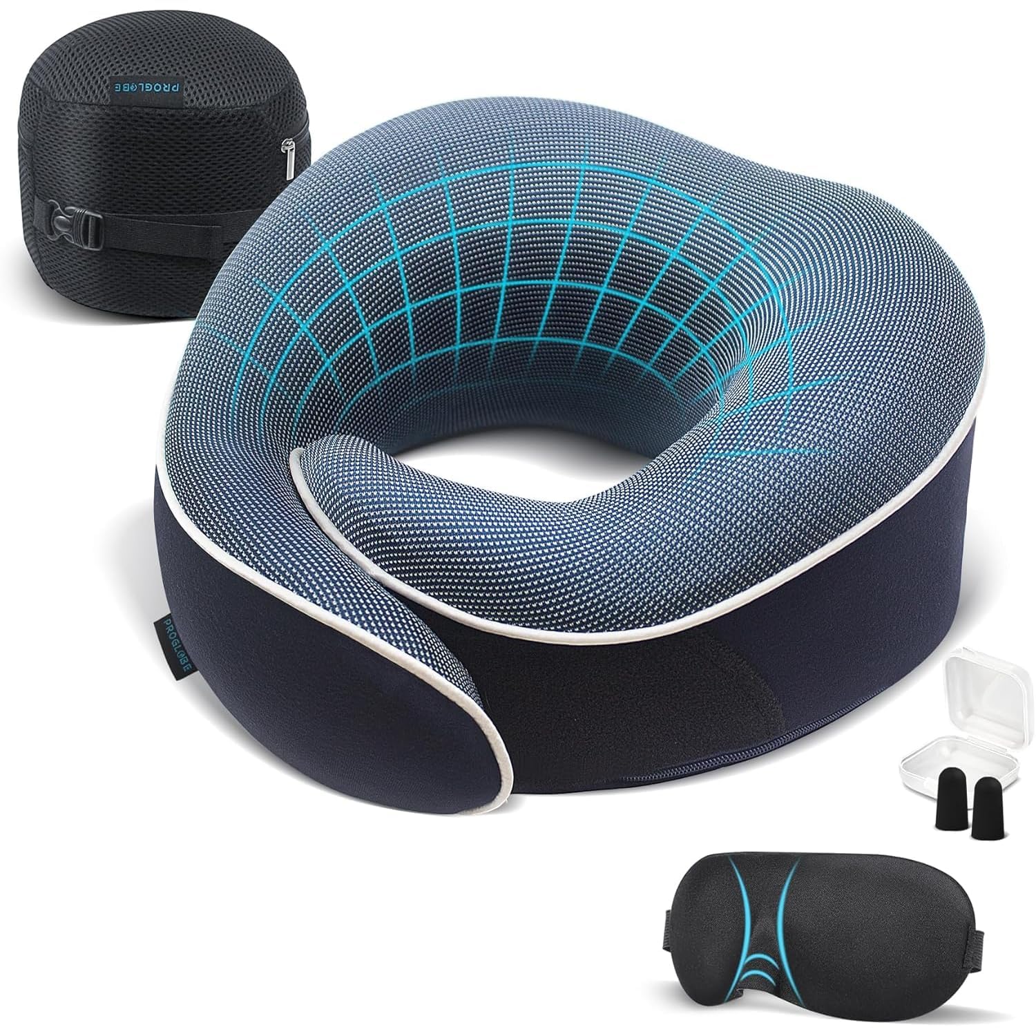 Proglobe Travel Pillow vue avant du coussin et emballage, confort immédiat