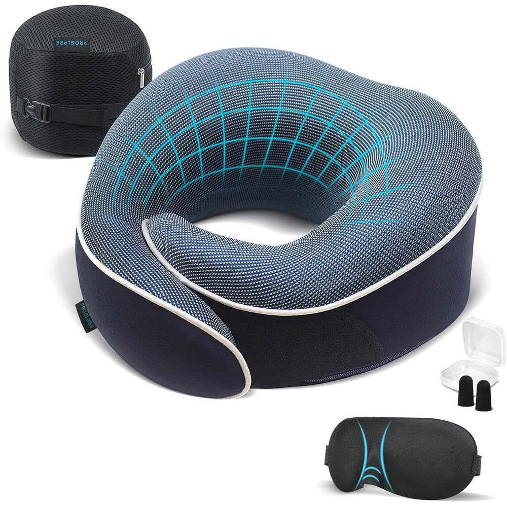 Proglobe Travel Pillow vue avant du coussin et emballage, confort immédiat