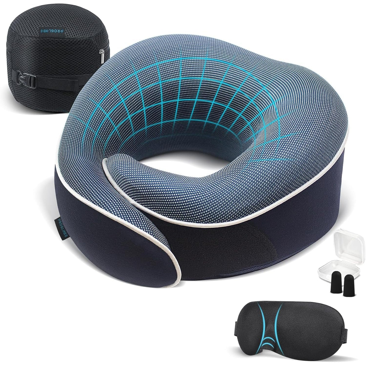 Proglobe Travel Pillow vue avant du coussin et emballage, confort immédiat
