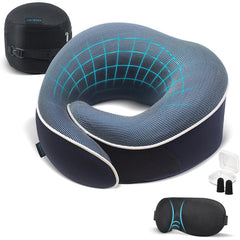 Proglobe Travel Pillow vue avant du coussin et emballage, confort immédiat