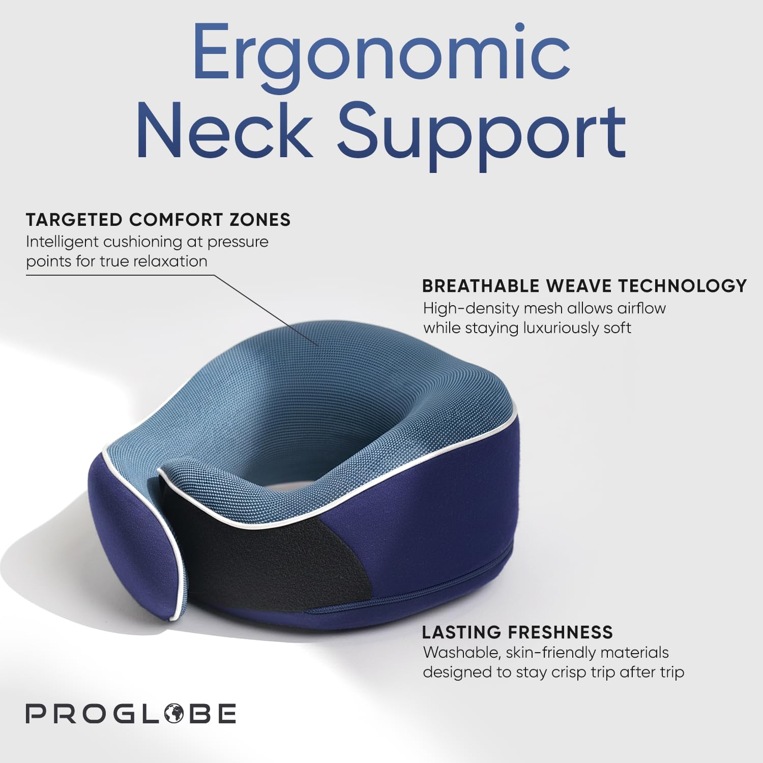 Proglobe Travel Pillow détail de la housse et fermeture, nettoyage facile
