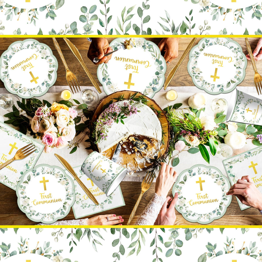 pugipien table dressée pour première communion montrant harmonie verte et décor simple