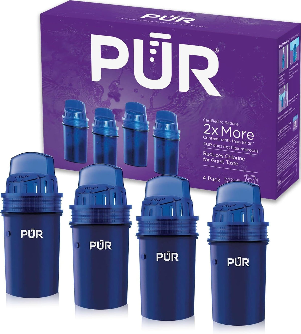 PUR face du paquet montrant les 4 cartouches et bénéfice eau plus propre