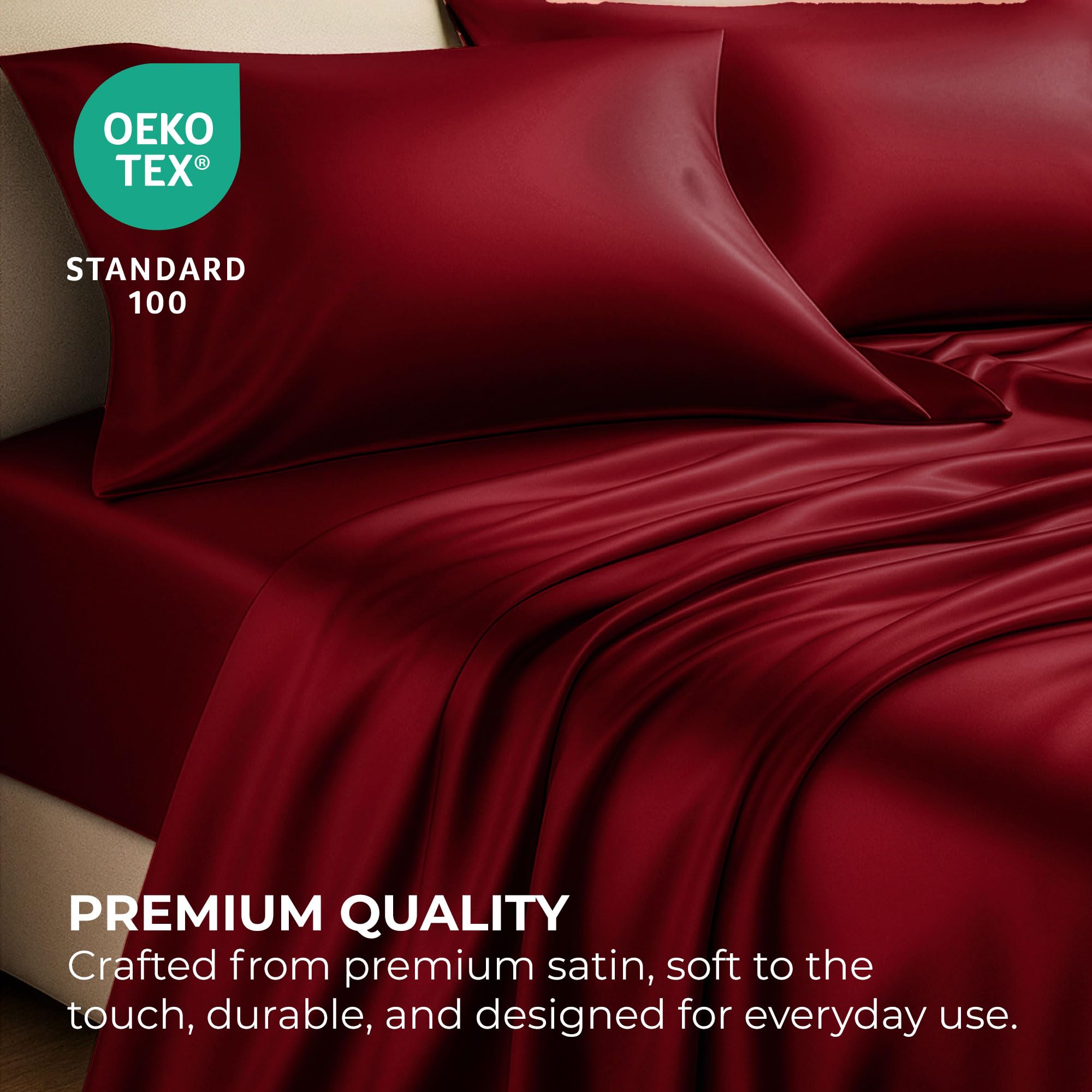 Pure Bedding lit King fait avec draps bordeaux, look hôtelier raffiné