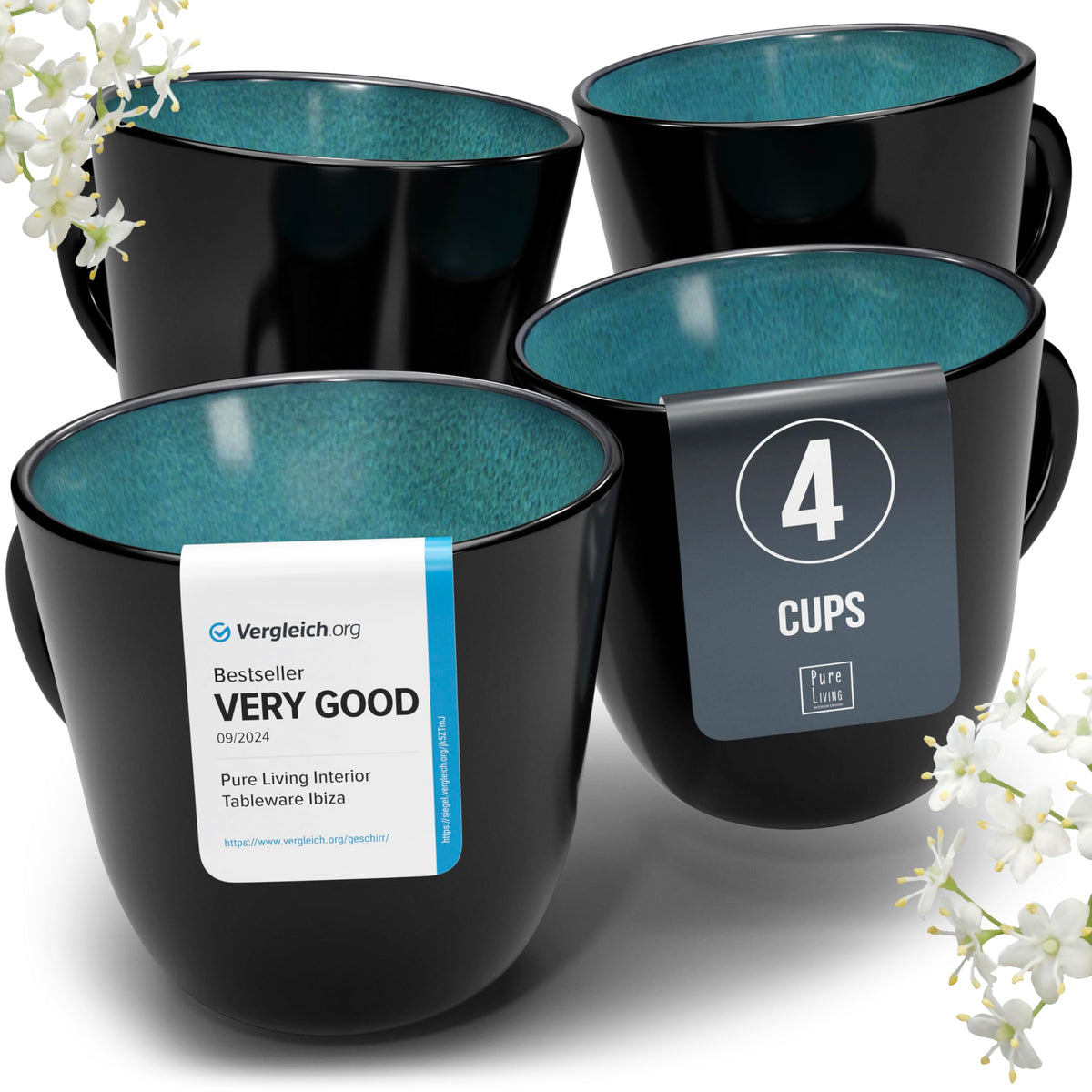 PURE LIVING INTERIOR DESIGN tasse en grès vue de face montrant la couleur petrol blue et le fini durable