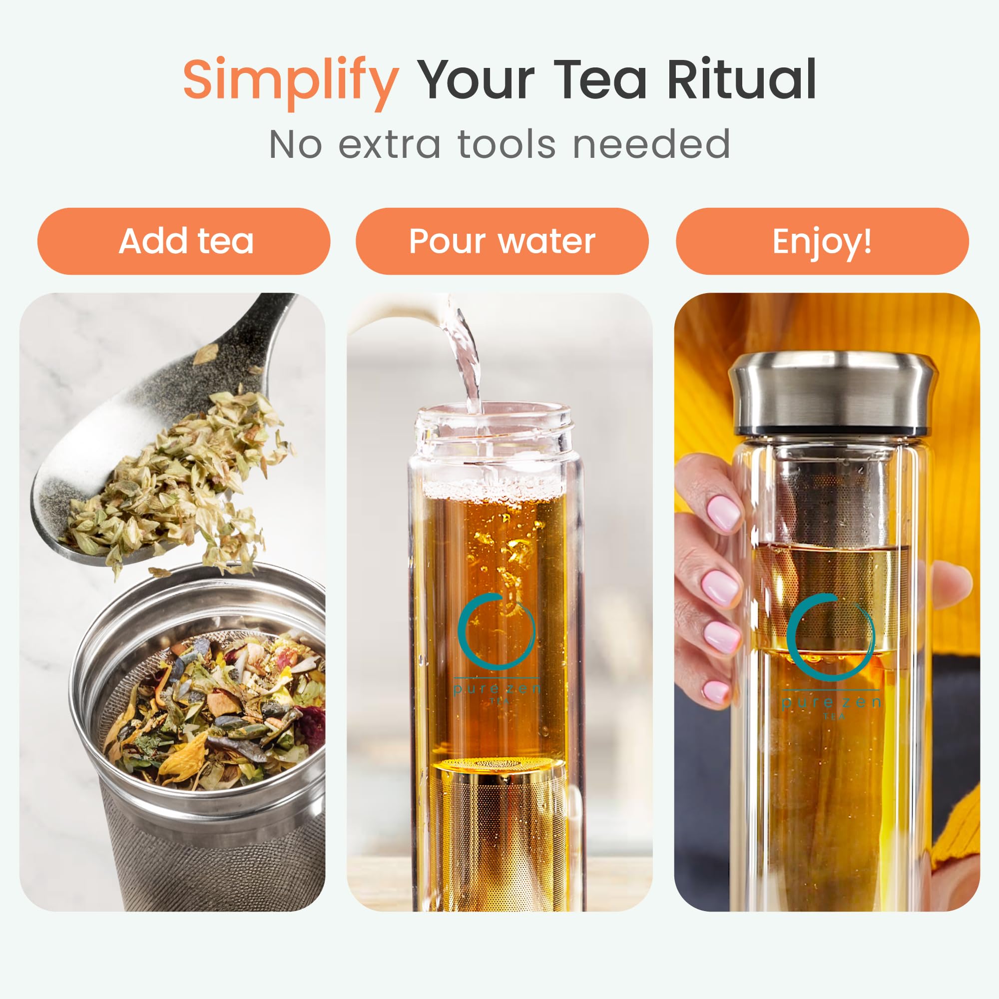 Pure Zen Tea bouteille en usage infusion de thé froid pour hydratation saine