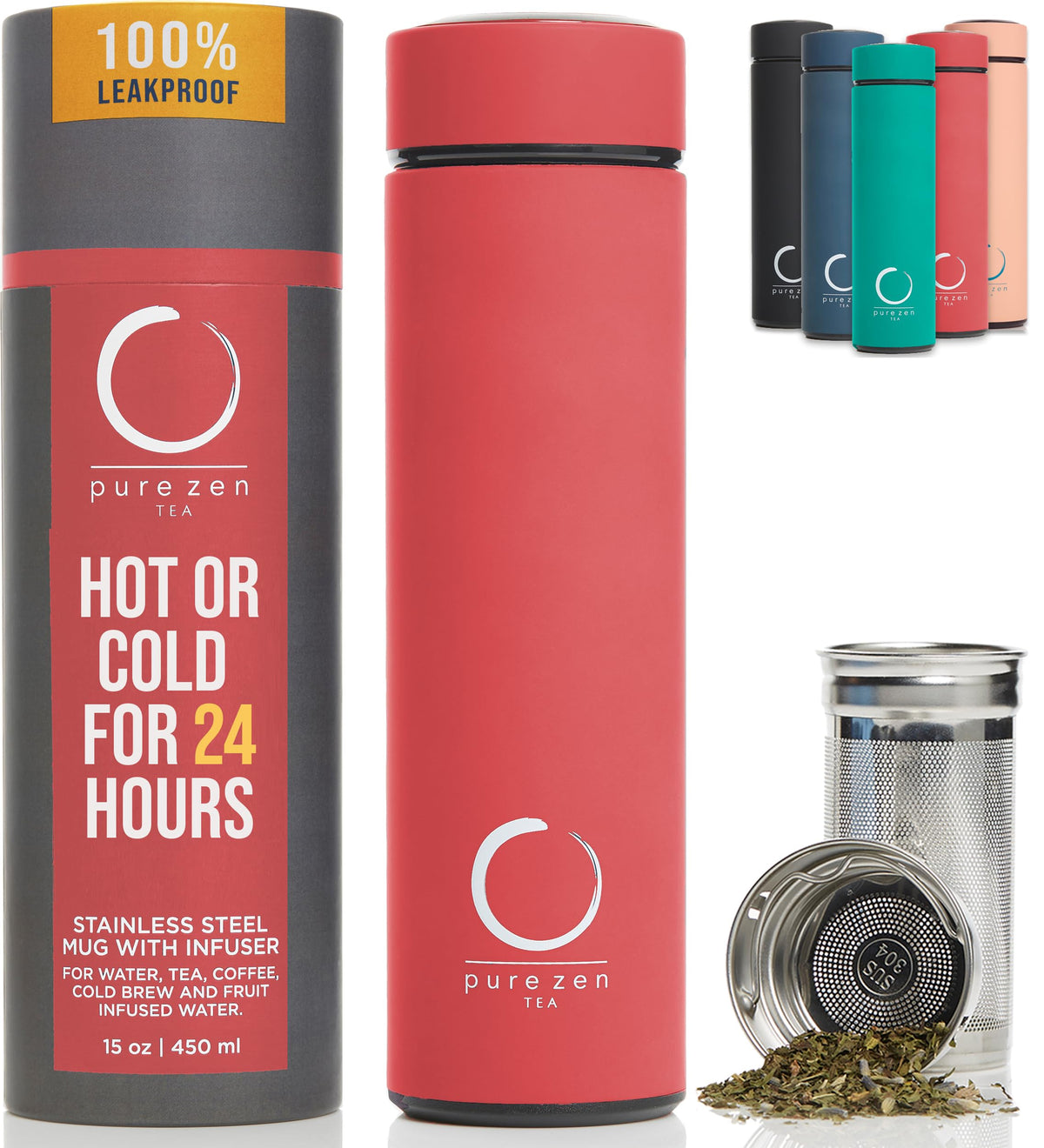 Pure Zen Tea bouteille face montrant le design isotherme et facilité de transport