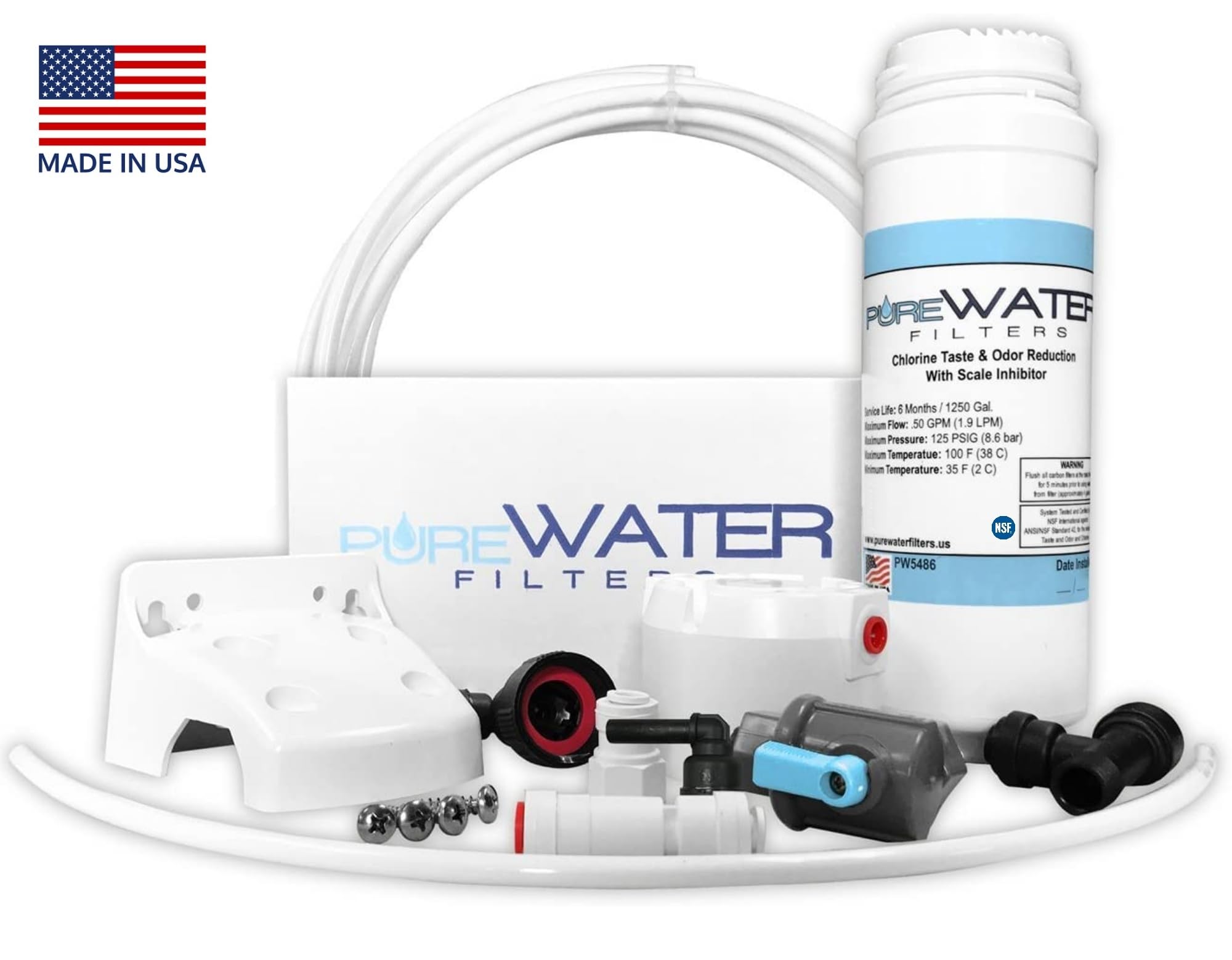 PureWater Filters kit composants étalés montrant tous les éléments inclus
