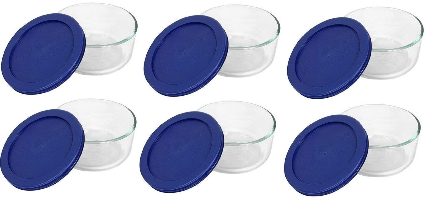 Pyrex 7200 face avant ensemble montrant bols et couvercles bleu foncé, rangement pratique