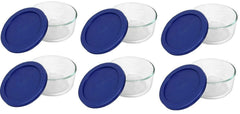 Pyrex 7200 face avant ensemble montrant bols et couvercles bleu foncé, rangement pratique