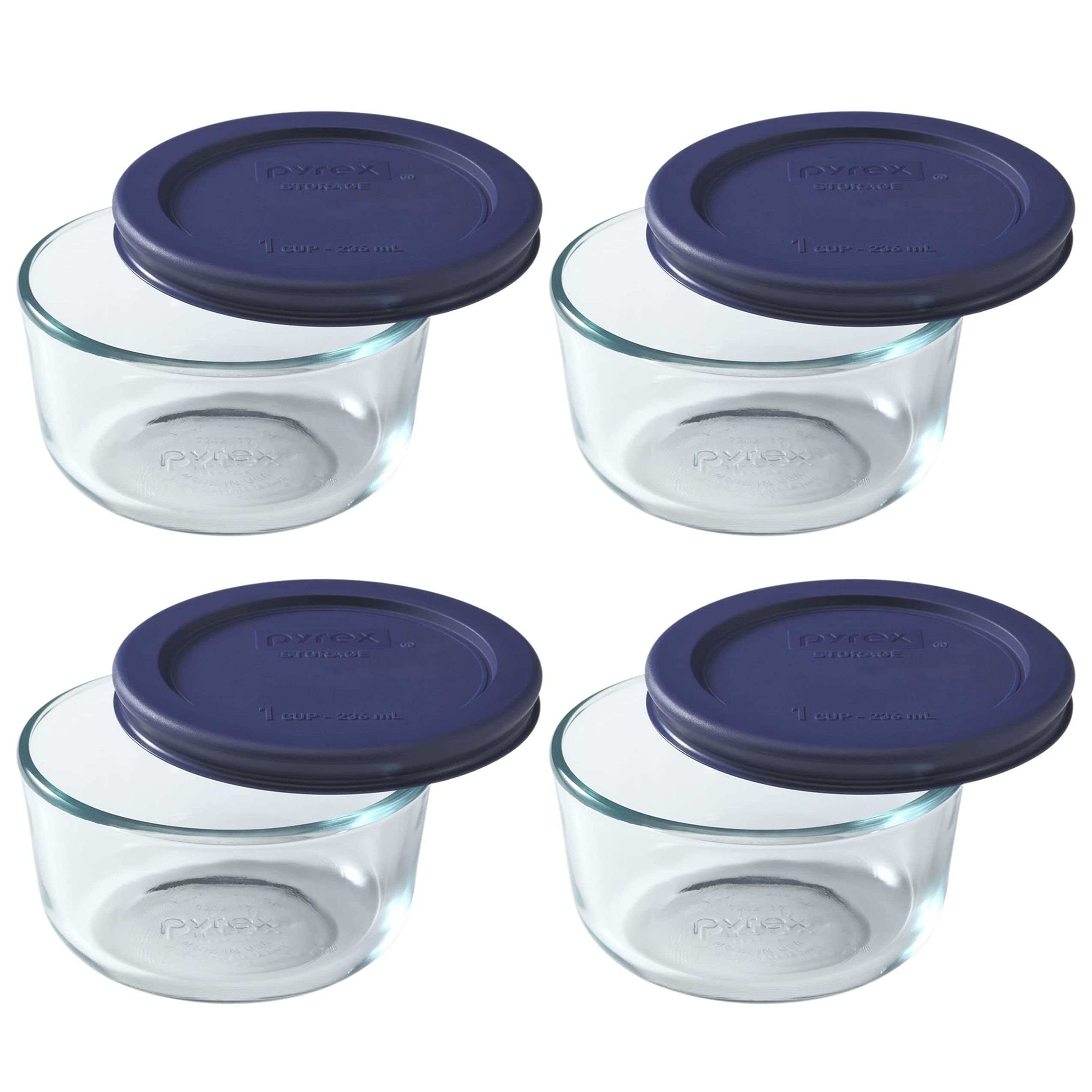 Pyrex 7202 face avant du bol et couvercle bleu foncé montrant le design et la contenance