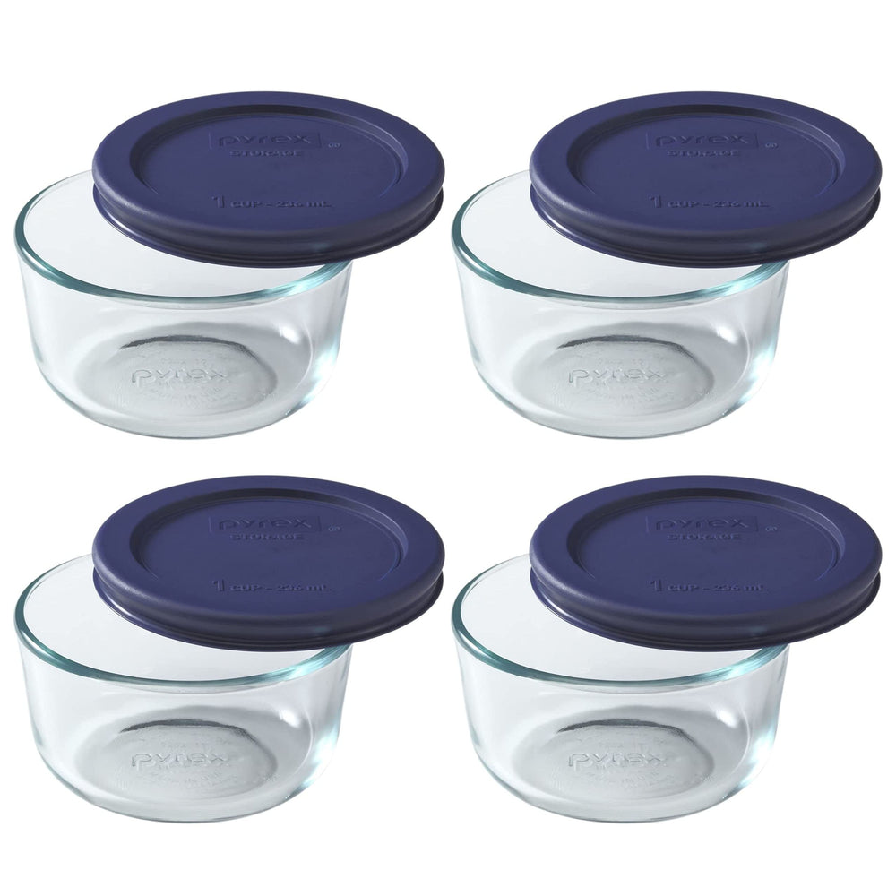 Pyrex 7202 face avant du bol et couvercle bleu foncé montrant le design et la contenance