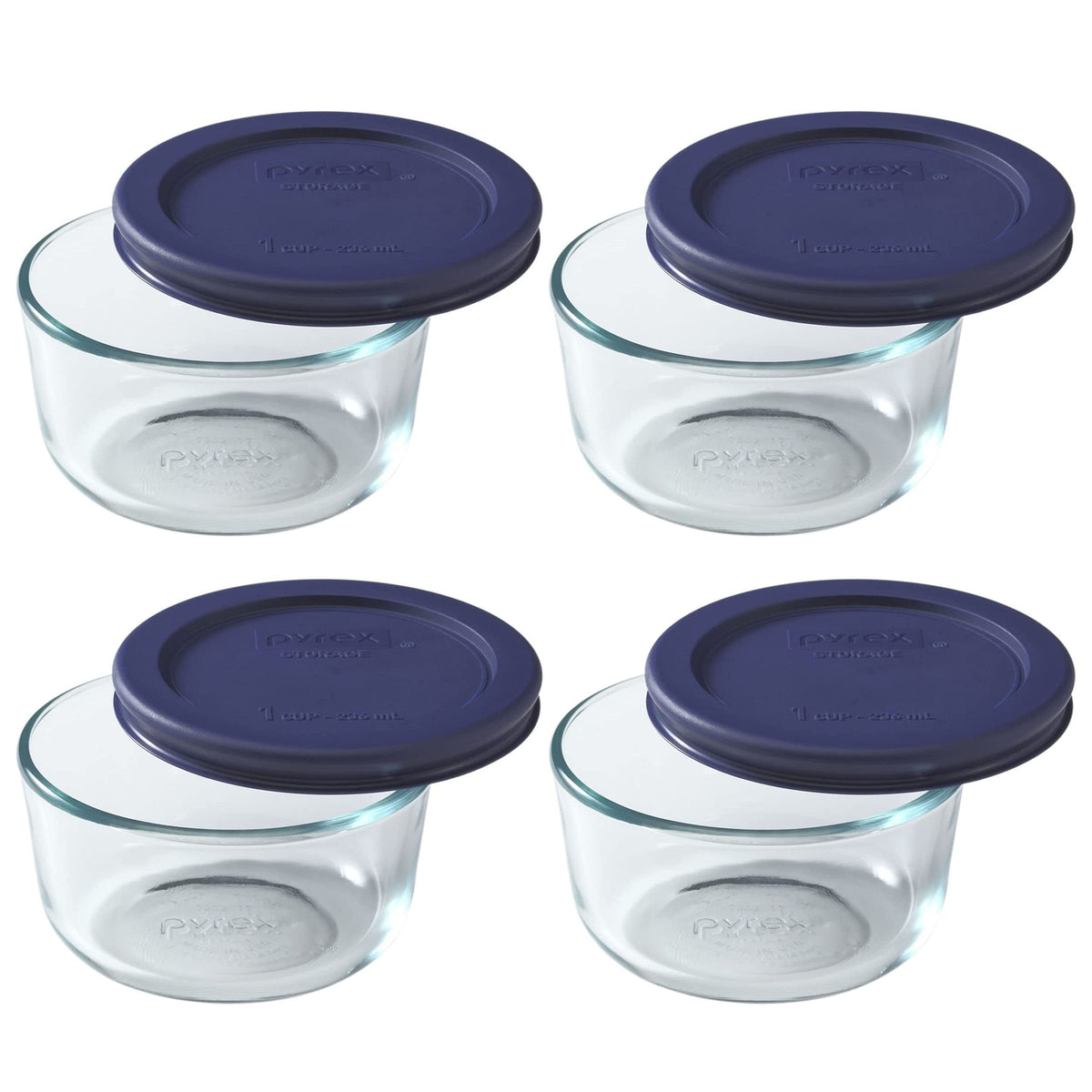 Pyrex 7202 face avant du bol et couvercle bleu foncé montrant le design et la contenance