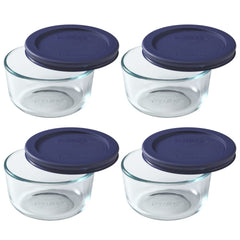 Pyrex 7202 face avant du bol et couvercle bleu foncé montrant le design et la contenance